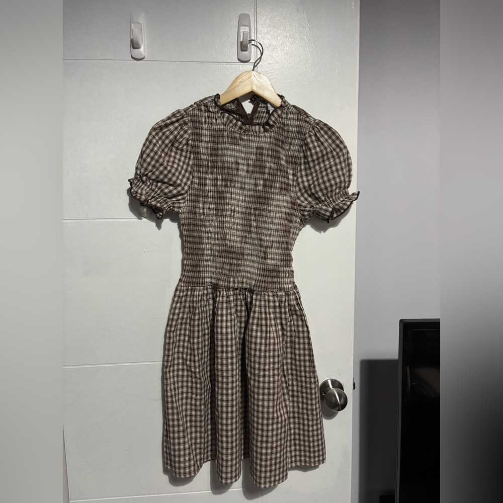 RIHOAS Brown Gingham Long Sleeve Smocked Waist Dress - Picture 3 of 7